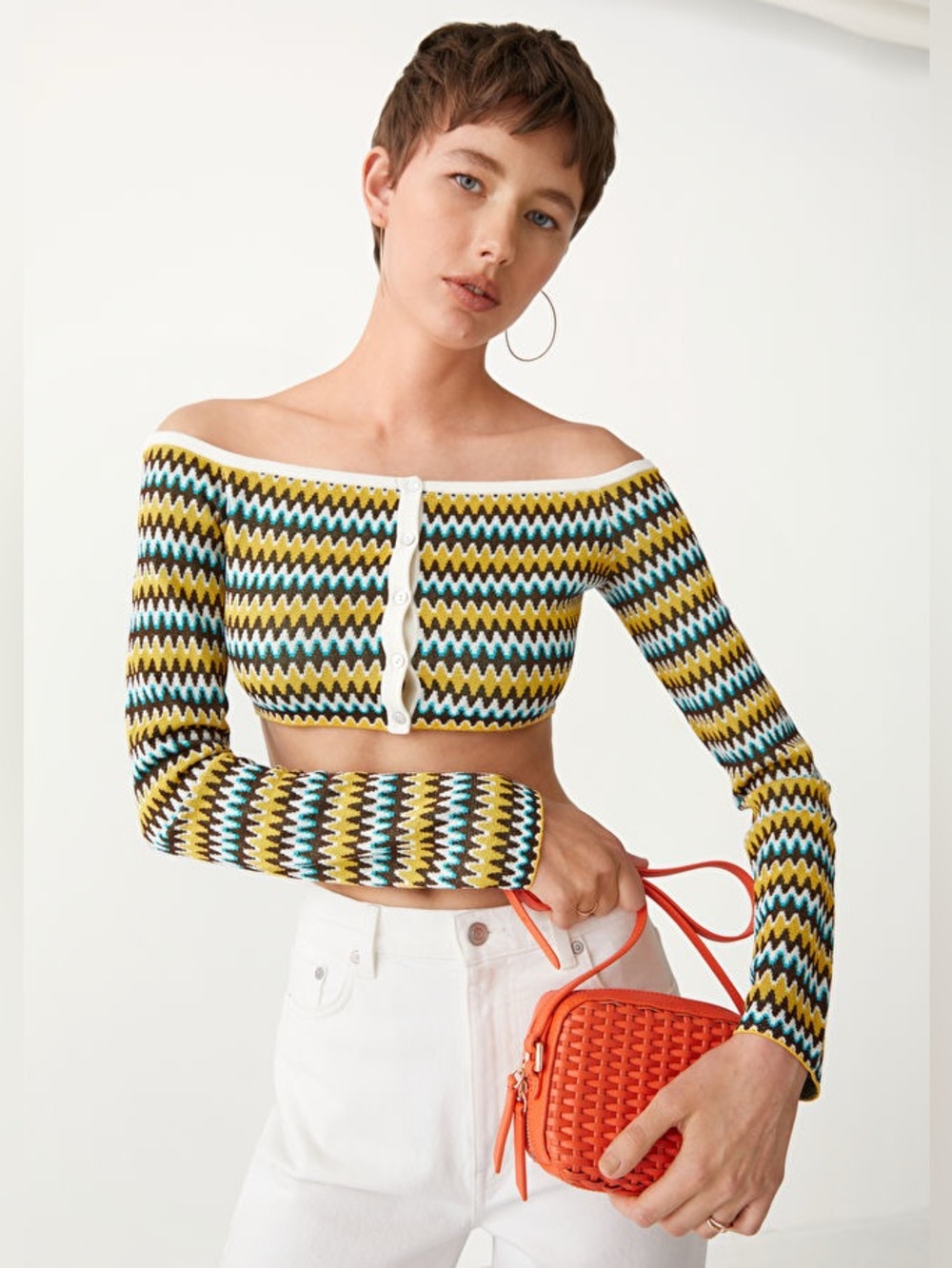 & other stories zip zag sparkle cropped off shoulder cardigan shrug